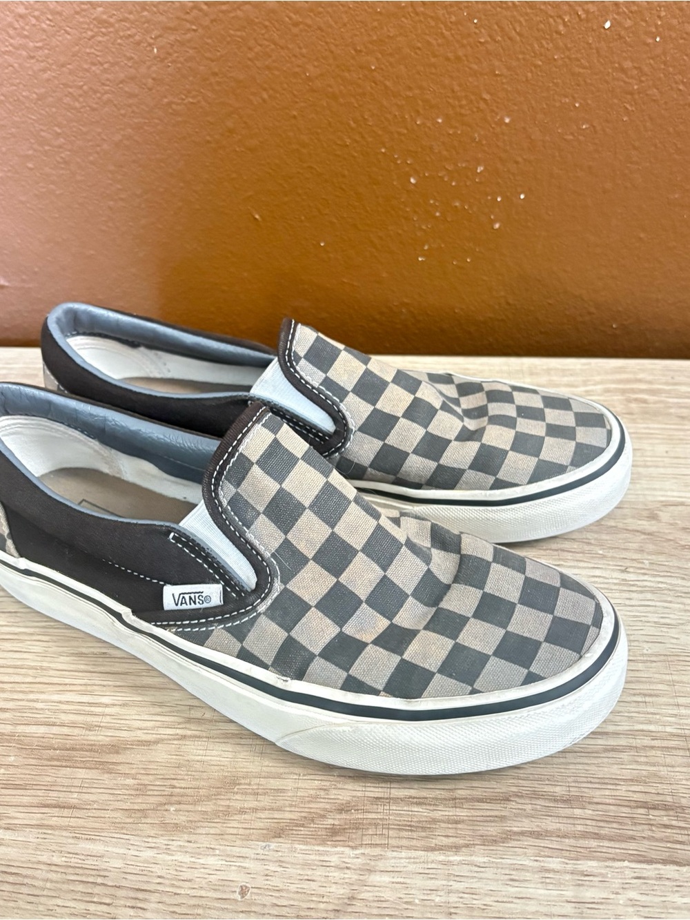 Vans brown and white checkerboard slip-on sneakers, Men’s Size 6.5, Women’s 8